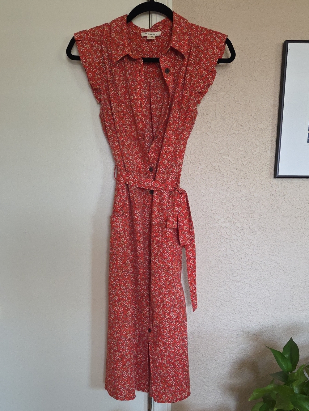 Monteau Coral-Red Floral Button Midi Dress with Waist Tie